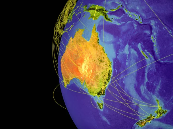 Australia from space on planet Earth with lines representing global communication, travel, connections. 3D illustration. Elements of this image furnished by NASA.