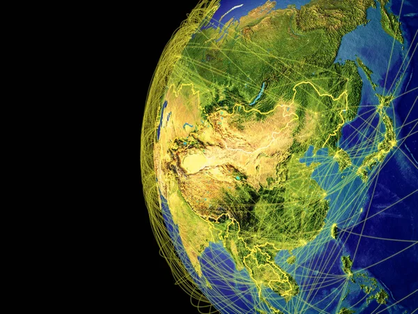 Ásia Partir Espaço Planeta Terra Com Linhas Que Representam Comunicação — Fotografia de Stock