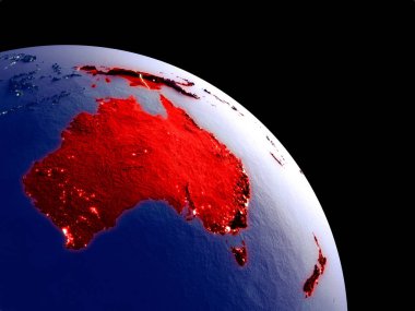 Avustralya yörüngeden geceleri. Plastik gezegenin yüzeyi görünür şehir ışıkları ile. 3D çizim. Nasa tarafından döşenmiş bu görüntü unsurları.