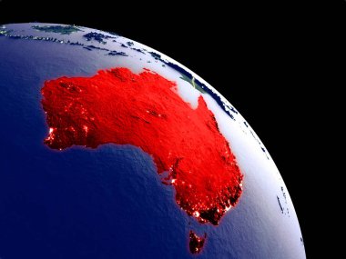 Avustralya yörüngeden geceleri. Plastik gezegenin yüzeyi görünür şehir ışıkları ile. 3D çizim. Nasa tarafından döşenmiş bu görüntü unsurları.