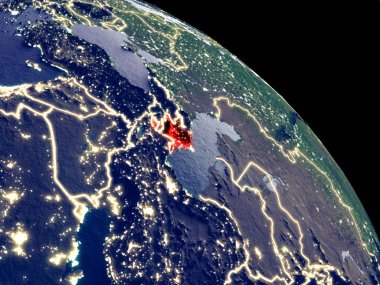 Azerbaycan yörüngeden geceleri. Plastik gezegenin yüzeyi görünür şehir ışıkları ile. 3D çizim. Nasa tarafından döşenmiş bu görüntü unsurları.