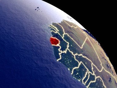 Sierra Leone yörüngeden geceleri. Plastik gezegenin yüzeyi görünür şehir ışıkları ile. 3D çizim. Nasa tarafından döşenmiş bu görüntü unsurları.