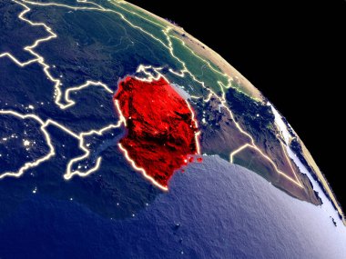 Tanzanya gece yörüngeden. Plastik gezegenin yüzeyi görünür şehir ışıkları ile. 3D çizim. Nasa tarafından döşenmiş bu görüntü unsurları.