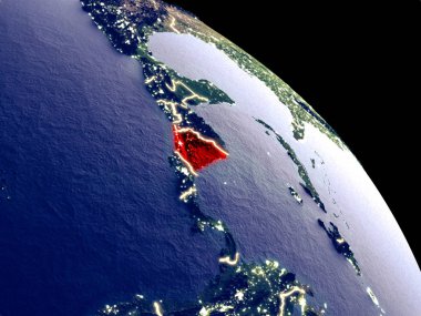 Nikaragua yörüngeden geceleri. Plastik gezegenin yüzeyi görünür şehir ışıkları ile. 3D çizim. Nasa tarafından döşenmiş bu görüntü unsurları.