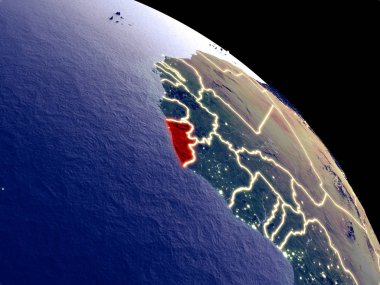 Liberya yörüngeden geceleri. Plastik gezegenin yüzeyi görünür şehir ışıkları ile. 3D çizim. Nasa tarafından döşenmiş bu görüntü unsurları.