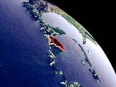 Honduras yörüngeden geceleri. Plastik gezegenin yüzeyi görünür şehir ışıkları ile. 3D çizim. Nasa tarafından döşenmiş bu görüntü unsurları.