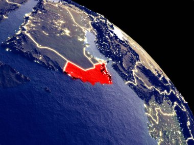 Umman yörüngeden geceleri. Plastik gezegenin yüzeyi görünür şehir ışıkları ile. 3D çizim. Nasa tarafından döşenmiş bu görüntü unsurları.