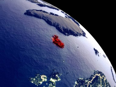 İzlanda yörüngeden geceleri. Plastik gezegenin yüzeyi görünür şehir ışıkları ile. 3D çizim. Nasa tarafından döşenmiş bu görüntü unsurları.