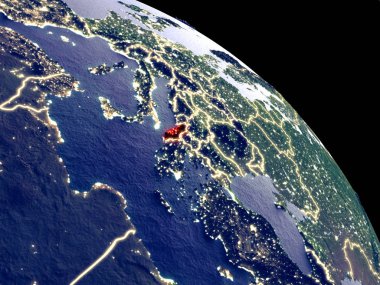 Arnavutluk yörüngeden geceleri. Plastik gezegenin yüzeyi görünür şehir ışıkları ile. 3D çizim. Nasa tarafından döşenmiş bu görüntü unsurları.