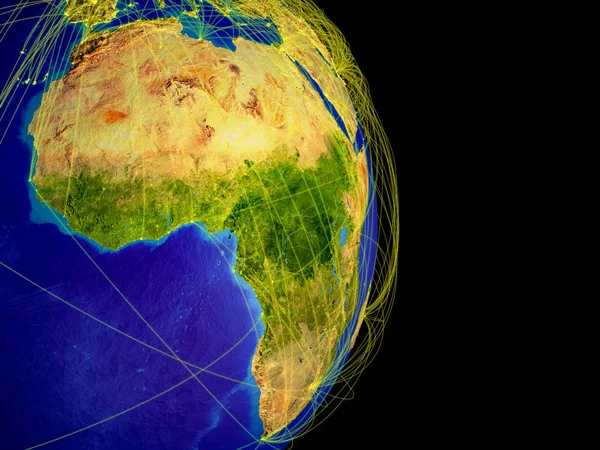 Africa Sulla Terra Con Traiettorie Che Rappresentano Comunicazione Internazionale Viaggi — Foto Stock