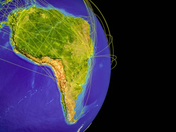 Südamerika Auf Der Erde Mit Flugbahnen Die Internationale Kommunikation Reisen — Stockfoto
