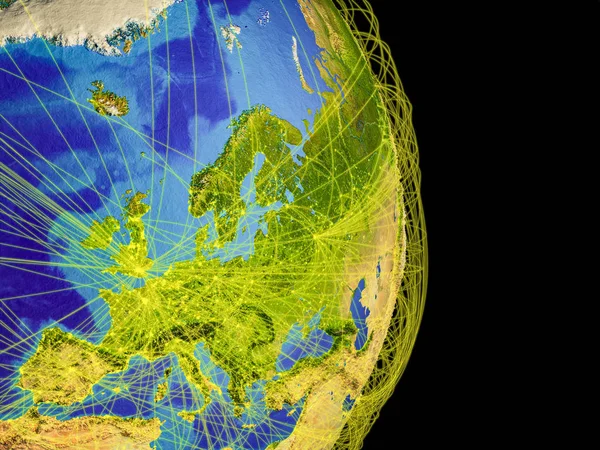 Avrupa Dünyada Temsil Eden Uluslararası Iletişim Seyahat Bağlantıları Yörüngeleri Ile — Stok fotoğraf