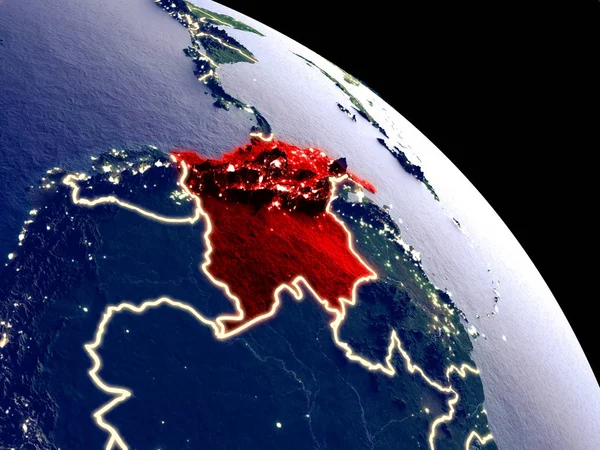 Colombia at night from orbit. Plastic planet surface with visible city lights. 3D illustration. Elements of this image furnished by NASA.