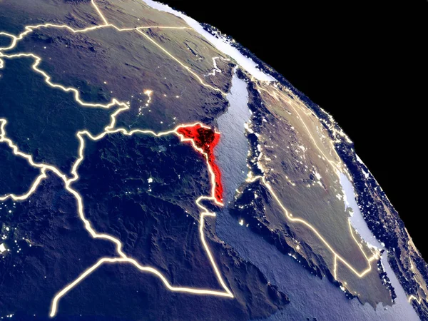 Eritrea at night from orbit. Plastic planet surface with visible city lights. 3D illustration. Elements of this image furnished by NASA.