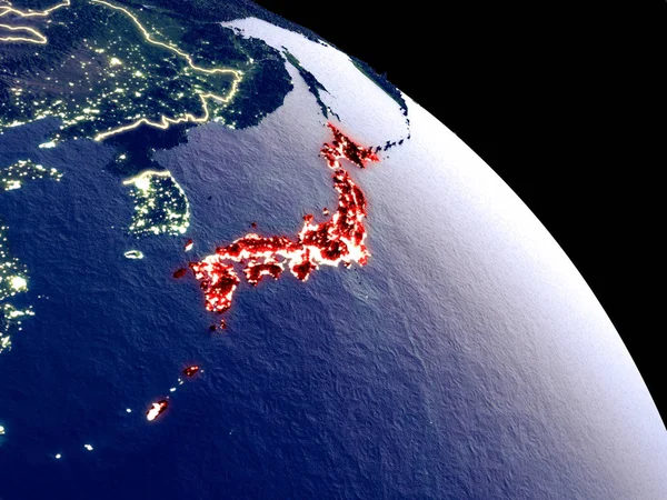 Japan at night from orbit. Plastic planet surface with visible city lights. 3D illustration. Elements of this image furnished by NASA.