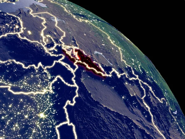 Kyrgyzstan at night from orbit. Plastic planet surface with visible city lights. 3D illustration. Elements of this image furnished by NASA.