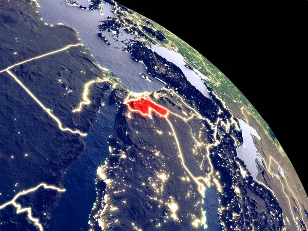 Jordan at night from orbit. Plastic planet surface with visible city lights. 3D illustration. Elements of this image furnished by NASA.