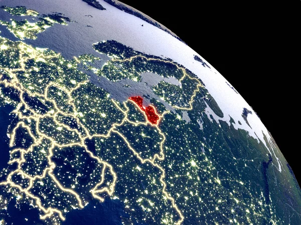 Латвия Ночью Орбиты Пластиковая Поверхность Планеты Видимыми Городскими Огнями Иллюстрация — стоковое фото