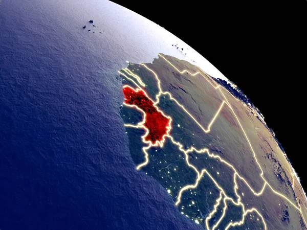 Guinea at night from orbit. Plastic planet surface with visible city lights. 3D illustration. Elements of this image furnished by NASA.