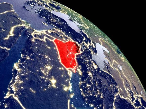 Iraq at night from orbit. Plastic planet surface with visible city lights. 3D illustration. Elements of this image furnished by NASA.