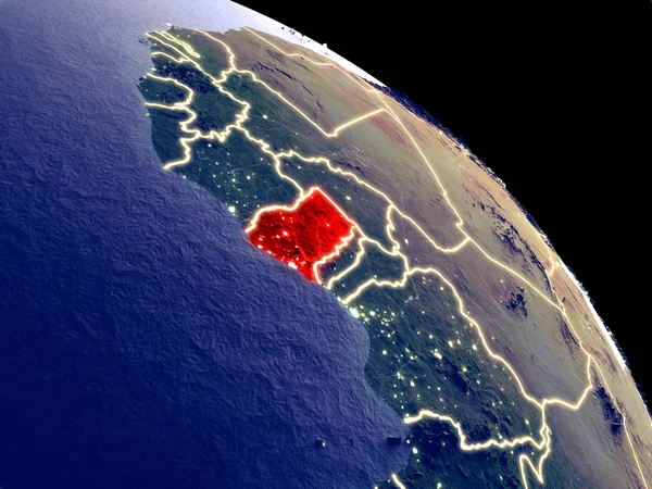 Ghana at night from orbit. Plastic planet surface with visible city lights. 3D illustration. Elements of this image furnished by NASA.