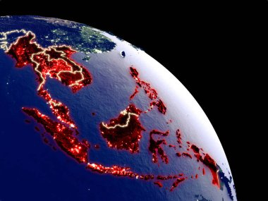 Güney Doğu Asya yörüngeden geceleri. Plastik gezegenin yüzeyi görünür şehir ışıkları ile. 3D çizim. Nasa tarafından döşenmiş bu görüntü unsurları.