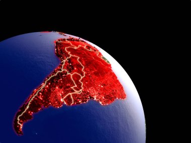 Latin Amerika yörüngeden geceleri. Plastik gezegenin yüzeyi görünür şehir ışıkları ile. 3D çizim. Nasa tarafından döşenmiş bu görüntü unsurları.