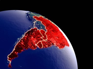 Mercosur memebers yörüngeden geceleri. Plastik gezegenin yüzeyi görünür şehir ışıkları ile. 3D çizim. Nasa tarafından döşenmiş bu görüntü unsurları.
