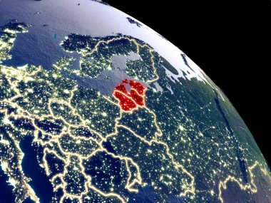 Baltık Devletleri yörüngeden geceleri. Plastik gezegenin yüzeyi görünür şehir ışıkları ile. 3D çizim. Nasa tarafından döşenmiş bu görüntü unsurları.