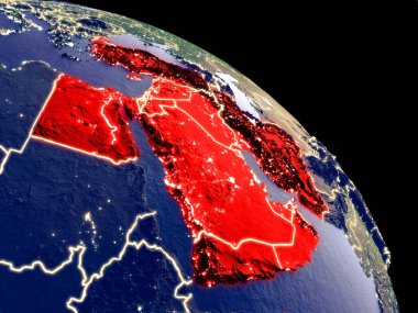 Yörüngeden geceleri Ortadoğu. Plastik gezegenin yüzeyi görünür şehir ışıkları ile. 3D çizim. Nasa tarafından döşenmiş bu görüntü unsurları.