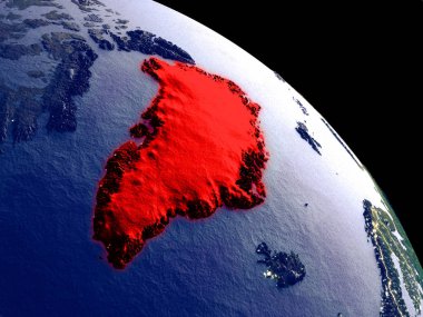 Grönland yörüngeden geceleri. Plastik gezegenin yüzeyi görünür şehir ışıkları ile. 3D çizim. Nasa tarafından döşenmiş bu görüntü unsurları.