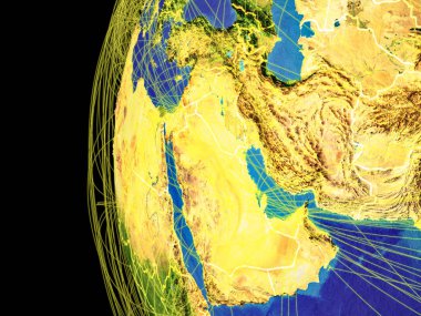 Batı Asya Planet Earth küresel iletişim, seyahat, bağlantıları temsil eden satırları ile uzaydan. 3D çizim. Nasa tarafından döşenmiş bu görüntü unsurları.