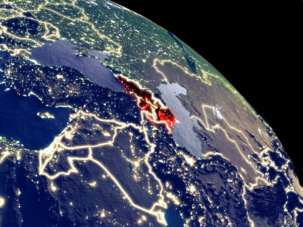 Caucasus region at night from orbit. Plastic planet surface with visible city lights. 3D illustration. Elements of this image furnished by NASA.
