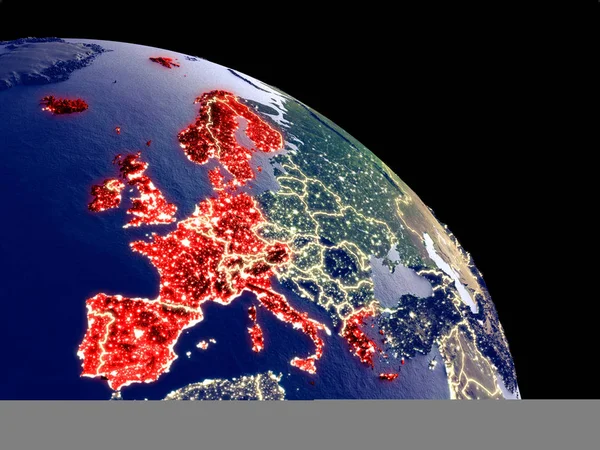 Western Europe at night from orbit. Plastic planet surface with visible city lights. 3D illustration. Elements of this image furnished by NASA.
