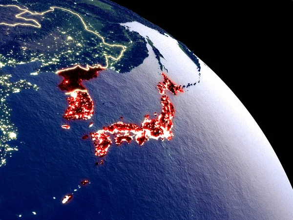 Japan and Korea at night from orbit. Plastic planet surface with visible city lights. 3D illustration. Elements of this image furnished by NASA.