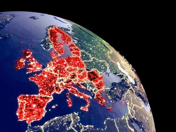 European Union at night from orbit. Plastic planet surface with visible city lights. 3D illustration. Elements of this image furnished by NASA.