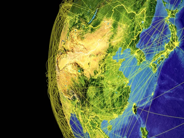 Восточная Азия Космоса Планете Земля Линиями Представляющими Глобальную Связь Путешествия — стоковое фото