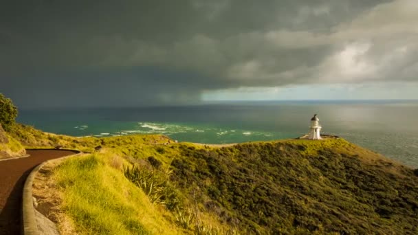 Timelapse Nordkap Nya Zeeland Med Annalkande Storm Upplyst Vackert Kvällsljus — Stockvideo