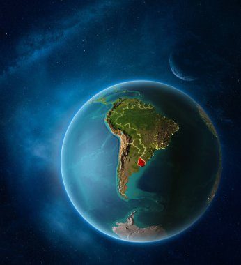Ay ve Samanyolu uzayda vurgulanan Uruguay ile dünya gezegeni. Görünür şehir ışıkları ve ülke sınırları. 3D çizim. Nasa tarafından döşenmiş bu görüntü unsurları.