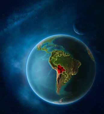Ay ve Samanyolu uzayda vurgulanan Bolivya ile dünya gezegeni. Görünür şehir ışıkları ve ülke sınırları. 3D çizim. Nasa tarafından döşenmiş bu görüntü unsurları.