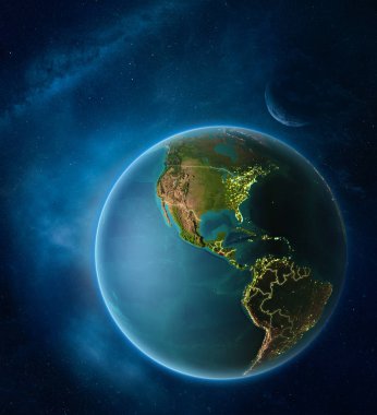 Ay ve Samanyolu uzayda vurgulanan El Salvador ile dünya gezegeni. Görünür şehir ışıkları ve ülke sınırları. 3D çizim. Nasa tarafından döşenmiş bu görüntü unsurları.