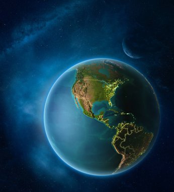 Ay ve Samanyolu uzayda vurgulanan Belize ile dünya gezegeni. Görünür şehir ışıkları ve ülke sınırları. 3D çizim. Nasa tarafından döşenmiş bu görüntü unsurları.
