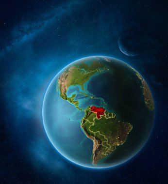 Ay ve Samanyolu uzayda vurgulanan Venezuela ile dünya gezegeni. Görünür şehir ışıkları ve ülke sınırları. 3D çizim. Nasa tarafından döşenmiş bu görüntü unsurları.