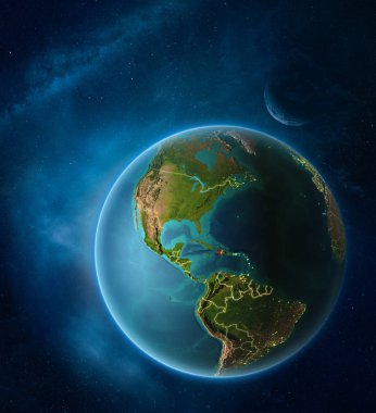 Ay ve Samanyolu uzayda vurgulanan Haiti ile dünya gezegeni. Görünür şehir ışıkları ve ülke sınırları. 3D çizim. Nasa tarafından döşenmiş bu görüntü unsurları.