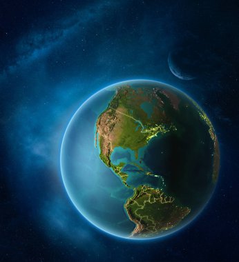 Ay ve Samanyolu uzayda vurgulanan Bahamalar ile dünya gezegeni. Görünür şehir ışıkları ve ülke sınırları. 3D çizim. Nasa tarafından döşenmiş bu görüntü unsurları.