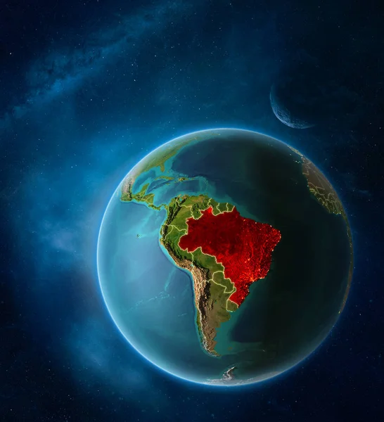 Planeta Tierra Con Brasil Destacado Espacio Con Luna Vía Láctea — Foto de Stock