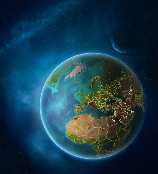Планета Земля Италией Космосе Луной Млечным Путем Видимые Городские Огни — стоковое фото