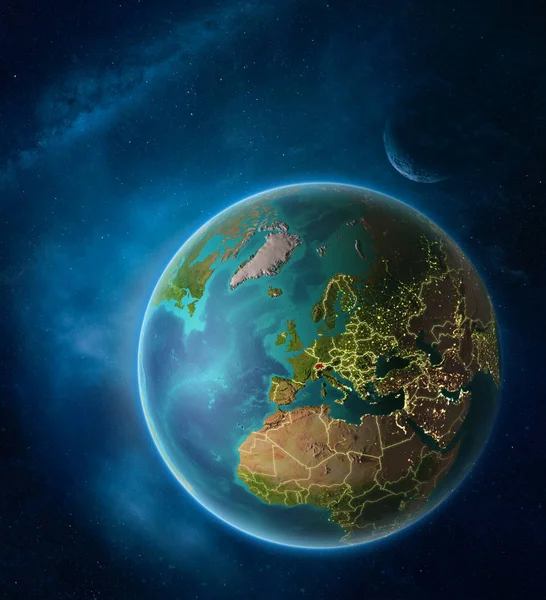 Планета Земля Выделенной Швейцарией Космосе Луной Млечным Путем Видимые Городские — стоковое фото