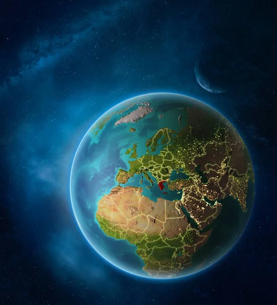 Planeta Ziemia Podświetloną Grecja Przestrzeni Księżyca Mlecznej Światła Miasta Widoczne — Zdjęcie stockowe