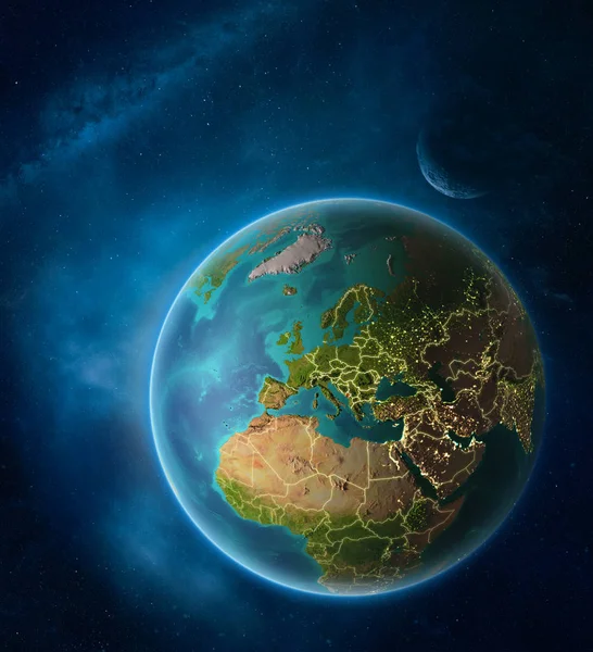 Планета Земля Выделенным Монтенегро Космосе Луной Млечным Путем Видимые Городские — стоковое фото
